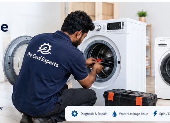 Technician inspecting a washing machine